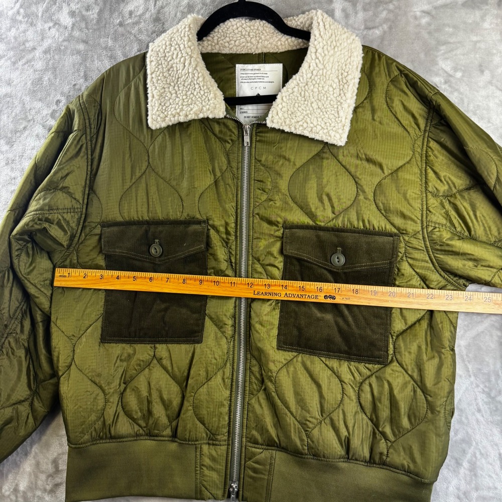 CPCM Quilted Bomber Jacket Unisex L Olive Green Sherpa Collar Corduroy (1768) - Picture 9 of 11
